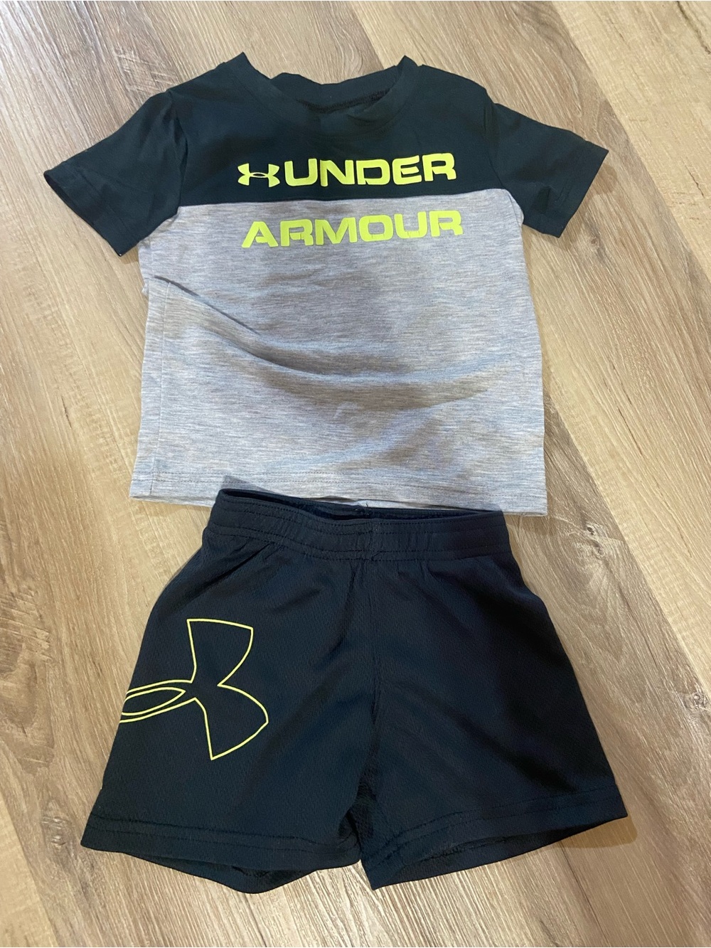 Under Armour Black & Gray Tee with Neon Yellow Logo and Black Shorts Set